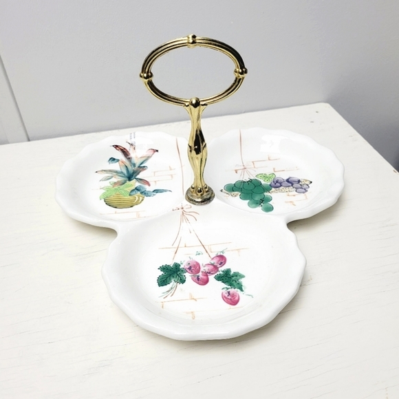 Vintage Japan Divided 3 Section Serving Dish Porcelain Hand Painted Fruit Brass - Picture 12 of 12